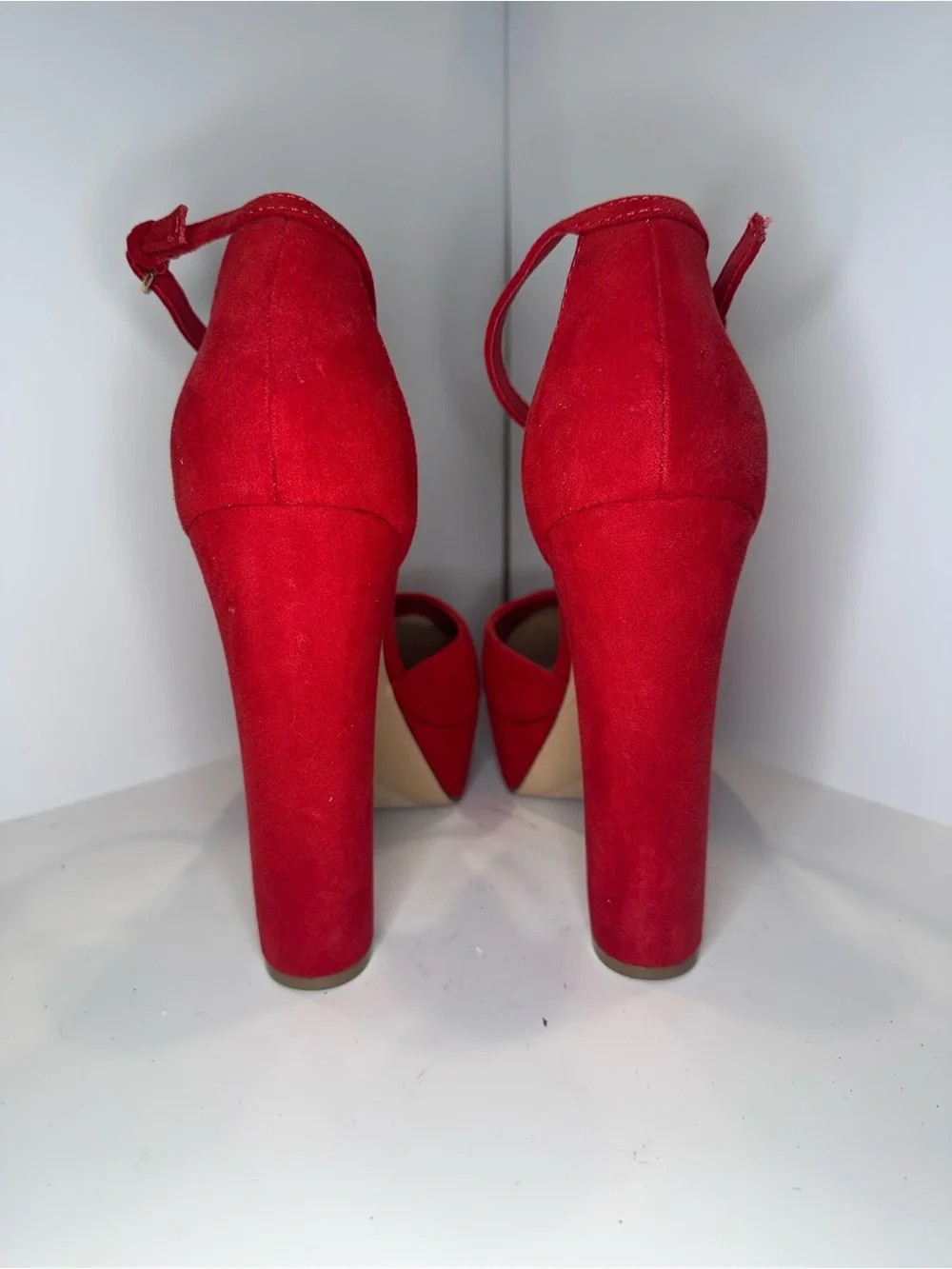 Red Suede Platform Ankle-Strap Heels